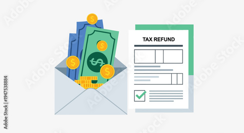 Tax Refund and Money with Tax Day Document - Business Finance Concept
