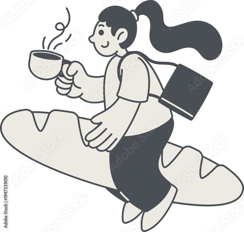 Cheerful Girl Riding Bread With Coffee In Notion Doodle Art