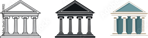 Three distinct variations of a classical building icon, featuring prominent columns and a triangular pediment, presented on a clean white background.
