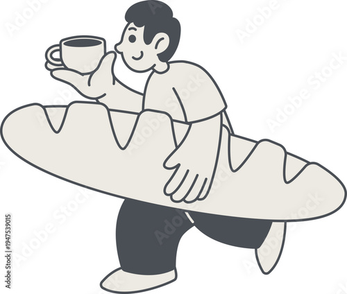Smiling Boy Carrying Bread And Coffee In Simple Doodle Style