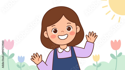 Cute Little Girl Waving Hand and Smiling in Flower Garden Under the Sun, Happy Child Cartoon Character Illustration for Education, Nursery, and Kids Design
