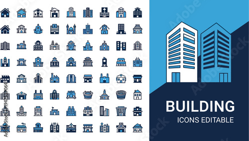 Extensive collection of diverse building icons and modern architectural illustrations, perfect for design projects and urban planning concepts.
