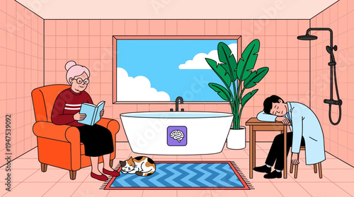 Surreal Cartoon Illustration of an Elderly Woman Reading in an Armchair and an Exhausted Doctor Sleeping in a Pink Tiled Bathroom