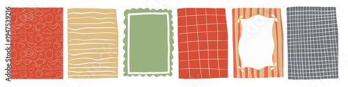 hand-drawn trendy backgrounds and textures teaware pattern, wavy lines, grid, checkered and ribbon-framed textures in warm earth tones for cards and packaging.