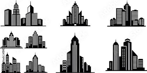 Collection of Diverse Black and White City Skyline Silhouettes and Modern Building Icons, Perfect for Urban Design Projects