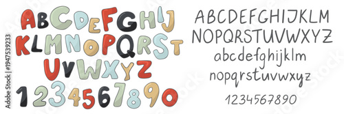 Vector alphabet set with colorful 3D style uppercase, lowercase letters and numbers in hand-drawn style for education, design and planning tools.