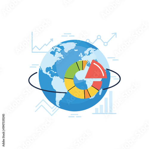 A stylized globe with a segmented circle and charts represents global data and analysis