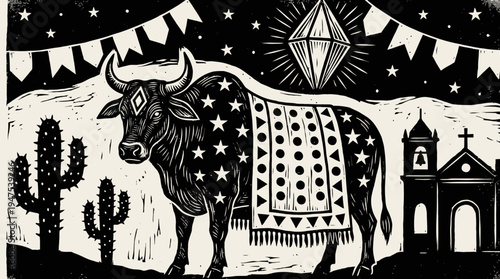 Brazilian Folk Art Woodcut Illustration of a Bull with Cactus and Church, Xilogravura Style Background for Festa Junina and Cultural Heritage