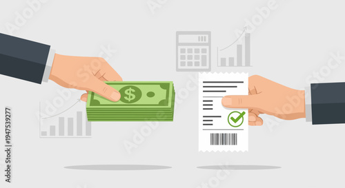 Tax day concept Hands exchanging money for a receipt with a calculator and financial charts in the background, illustrating financial transactions and payments