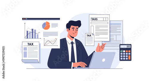 Diligent business professional meticulously preparing for Tax day, analyzing financial data, charts, and essential documents to ensure accurate and timely tax filing and compliance