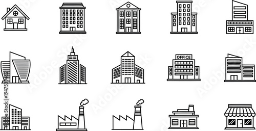 Diverse Collection of Building Icons in Simple Line Art Style, Representing Various Urban and Industrial Structures