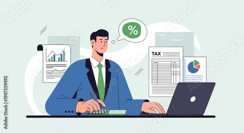 Efficient Financial Planning and Timely Tax Day Preparation A Business Professional Managing Complex Calculations, Official Documents, and Digital Data for Optimal Fiscal Management and Compliance
