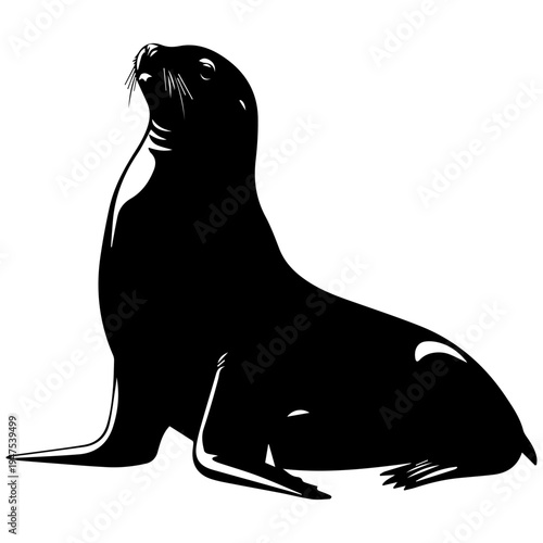 Black and white sea lion silhouette sitting on rock minimalist logo design vector