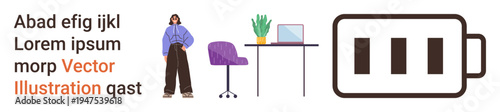 Remote work setup, productivity, work-life balance, employee wellness, digital tools, energy management. Woman standing beside desk with chair, laptop and a battery icon. Productivity and work-life