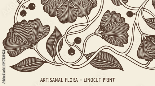 Artisanal Floral Linocut Print with Hand-Drawn Botanical Flowers and Leaves on Textured Paper