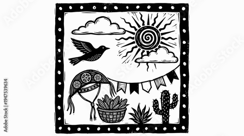 Brazilian Northeast Cordel Style Illustration with Sun, Bird, Cactus, and Corn; Traditional Woodcut Folk Art representing Sertao and Brazilian Culture