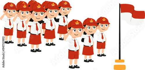 Murid Berdiri Bersama dalam Upacara Bendera, Back To School Illustration