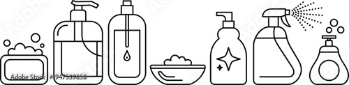Cleaning supplies outline icons set soap dispenser spray bottle detergent dishwashing hygiene tools isolated vector illustration collection