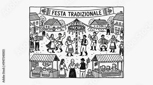 Traditional Italian Folk Festival Illustration with Dancers Musicians and Market Stalls in a Village Square, Woodcut Style Monochrome Art