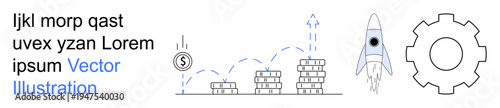 Business growth, financial planning, innovation, success, startup launch, productivity. Stacks of coins, rocket and gear. Business growth and financial planning concept