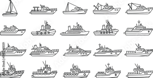 Black and white boat and ship line icon set on white background