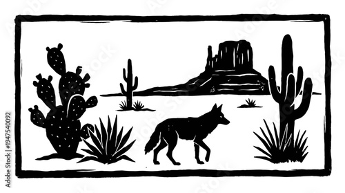 Southwestern Desert Landscape Linocut Illustration with Coyote, Saguaro Cacti, and Mesa Silhouette in Hand-Drawn Woodblock Style