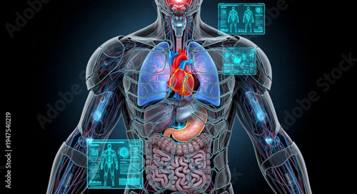 Human body with transparent skin showing internal organs and health monitoring graphics floating around