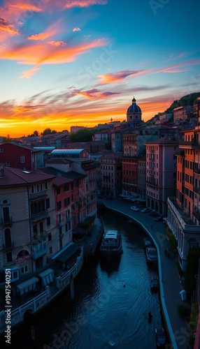Vibrant Italian cityscape at sunset, showcasing historic architecture and warm golden light,  travel,  scenic