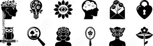 Unique Conceptual Glyph Pictogram Icon Set Featuring Creative Metaphors for Mind, Growth, Nature, Imagination, and Artistic Design Elements for Visual Branding
