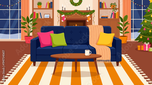 Cozy Living Room Interior with Christmas Decorations, Fireplace, Decorated Tree, and Gifts, Vector Flat Illustration for Holiday Season