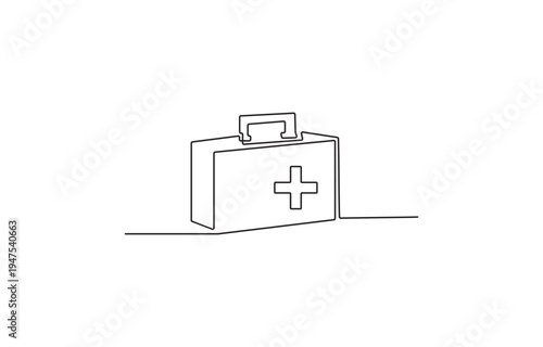 Continuous line drawing of a first aid kit with a white cross symbol.