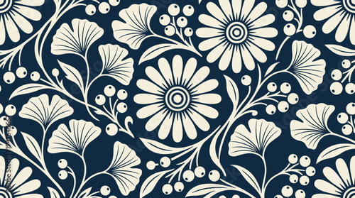 Elegant Seamless Floral Pattern with Ginkgo Leaves, Daisy Flowers, and Berries in Navy Blue and Cream, Vintage Botanical Background for Textiles and Wallpaper