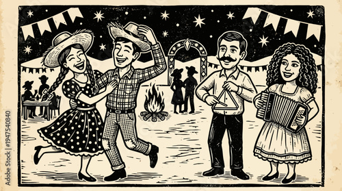 Traditional Brazilian Festa Junina Celebration in Cordel Literature Woodcut Art Style with Dancers, Musicians, and Bonfire