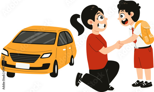 Orang Tua Mengantar Anak ke Sekolah dengan Mobil, Back To School Illustration