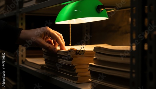 Close up of ink stained fingertips turning the page of a yellowed manuscript in a dimly lit basement archive with a green banker lamp