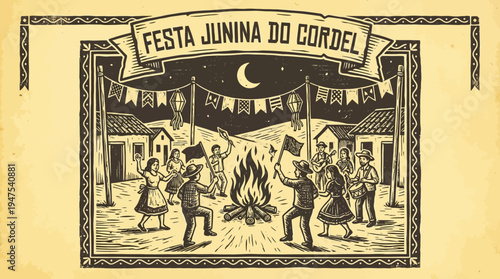Festa Junina Brazilian June Festival Illustration in Traditional Cordel Woodcut Style, People Dancing around Bonfire in a Rural Village Night Scene