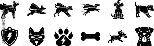 Heroic Superhero Dog Glyph Icon Pack Featuring Canine Heroes in Capes and Masks, Paw Power Symbols, Bones, and Action Poses for Fun Animal-Themed Graphic Design