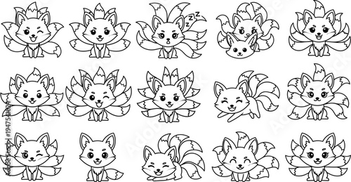 Coloring book page set of cute nine-tailed fox characters