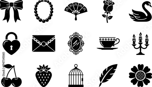 Elegant Vintage Romantic Coquette Glyph Pictogram Icon Pack Featuring Swans, Roses, Mirrors, Teacups, Birdcages, and Antique Jewelry
