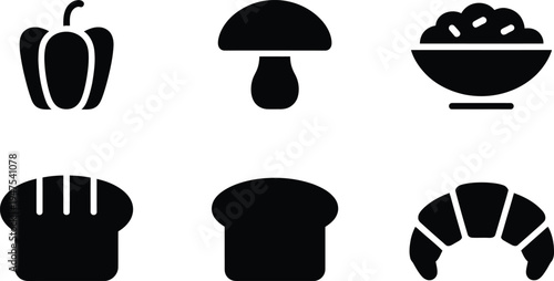 Set of 6 food icons vector, black and white