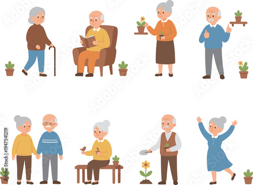 Collection of happy elderly people characters engaged in daily activities like gardening reading and walking in flat style