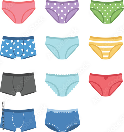 Collection of various colorful male and female underwear styles and designs in flat vector illustration isolated on white
