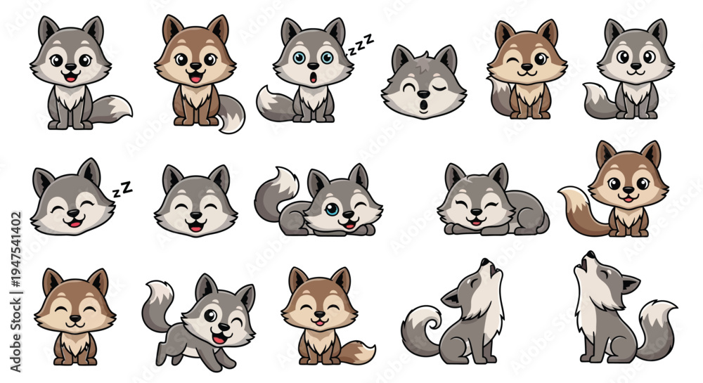 Obraz premium Cute wolf puppy character stickers with various expressions and poses