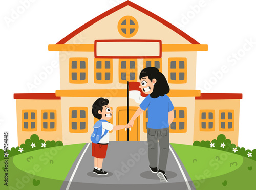 Orang Tua Mengantar Anak sampai di Depan Sekolah, Back To School Illustration