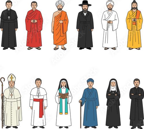 Diverse collection of religious leaders and clergy characters from various faiths in flat vector illustration style isolated
