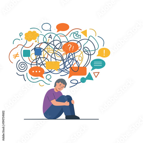 A person sits on the floor overwhelmed by various colorful thought bubbles and symbols.