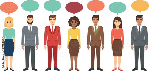 Diverse group of professional business people standing together with speech bubbles in flat vector illustration style