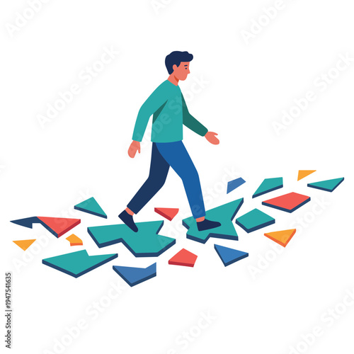Man stepping on puzzle pieces in a chaotic environment with colorful fragments