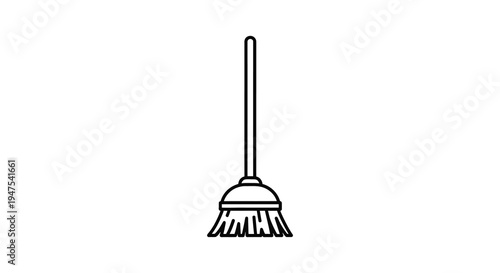 A simple line drawing depicts a traditional household broom emphasizing its functional design silhouette