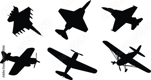 Collection of six aircraft silhouettes, black vector icons of various planes including biplanes, commercial jets, and private aircraft isolated on white.